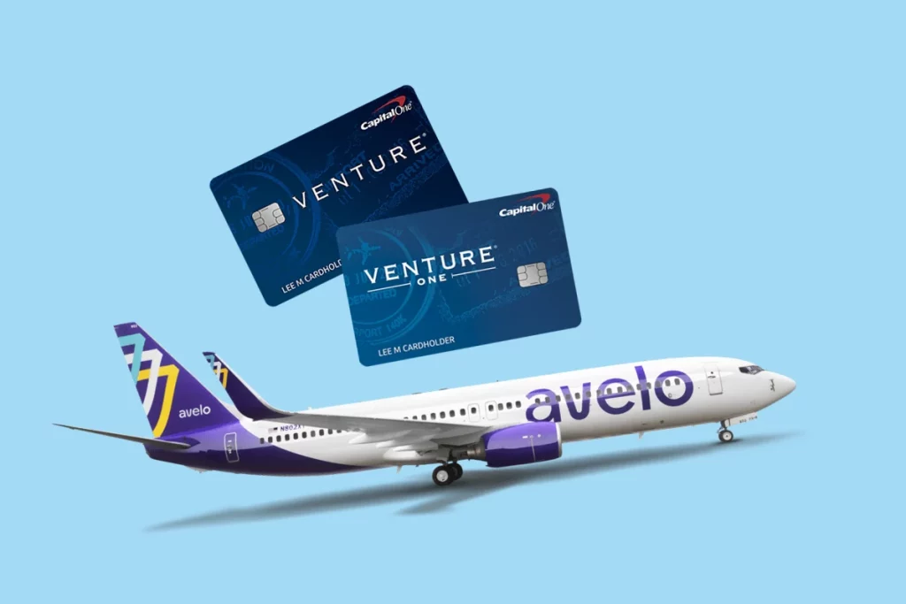 Capital One Venture and VentureOne credit cards and an Avelo Airlines aircraft.